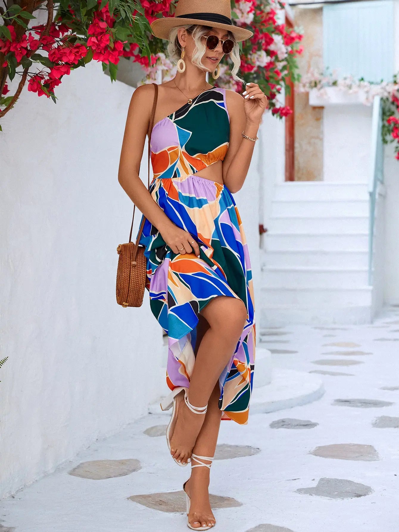 Printed Cutout One-Shoulder Sleeveless Dress STYLE SOURCE
