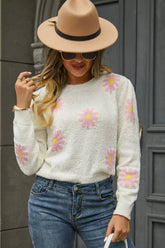 Flower Pattern Round Neck Long Sleeve Pullover Sweater STYLE SOURCE