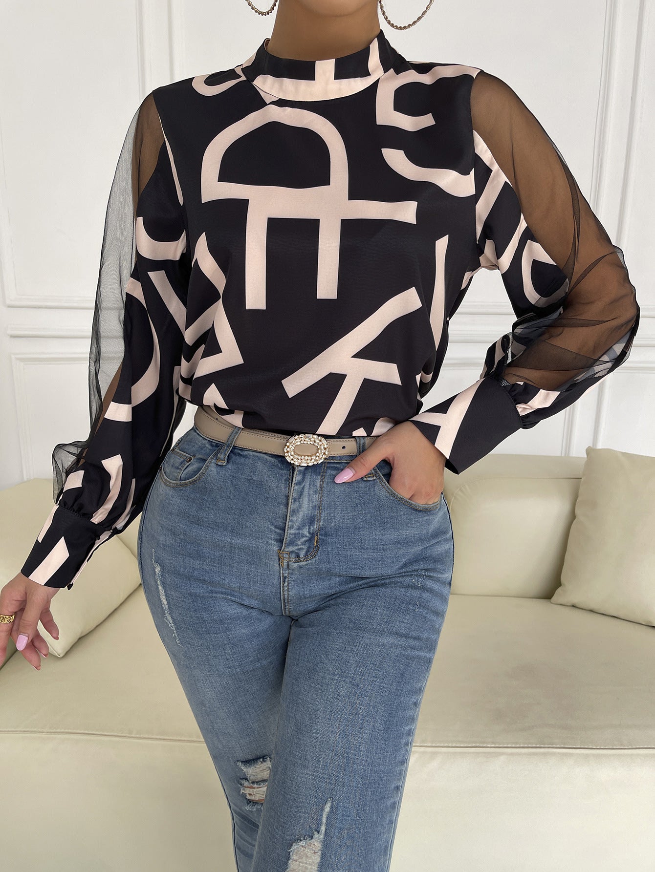 Letter Print Spliced Mesh Sleeve Blouse STYLE SOURCE