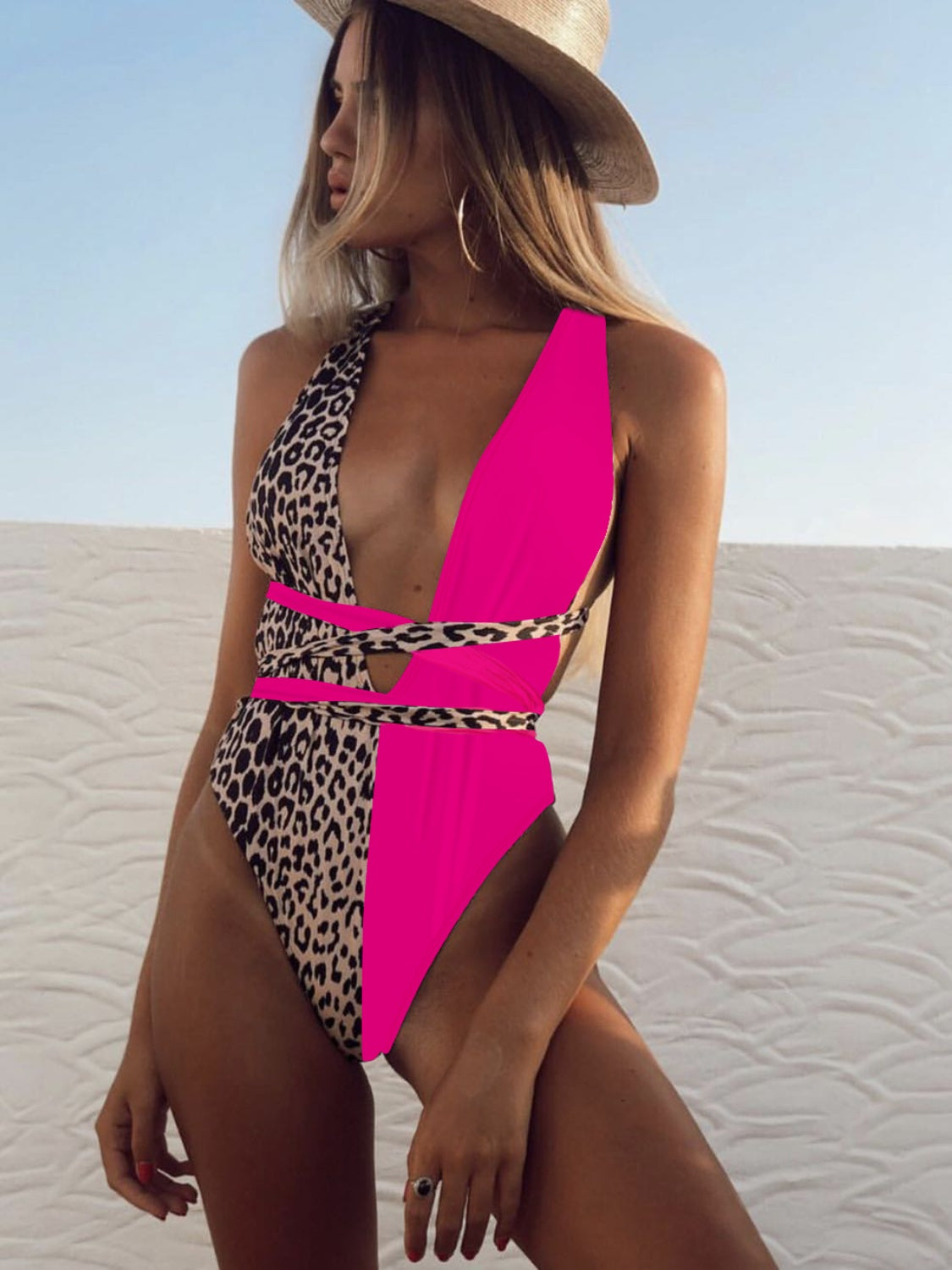 Tied Leopard Plunge One-Piece Swimwear STYLE SOURCE