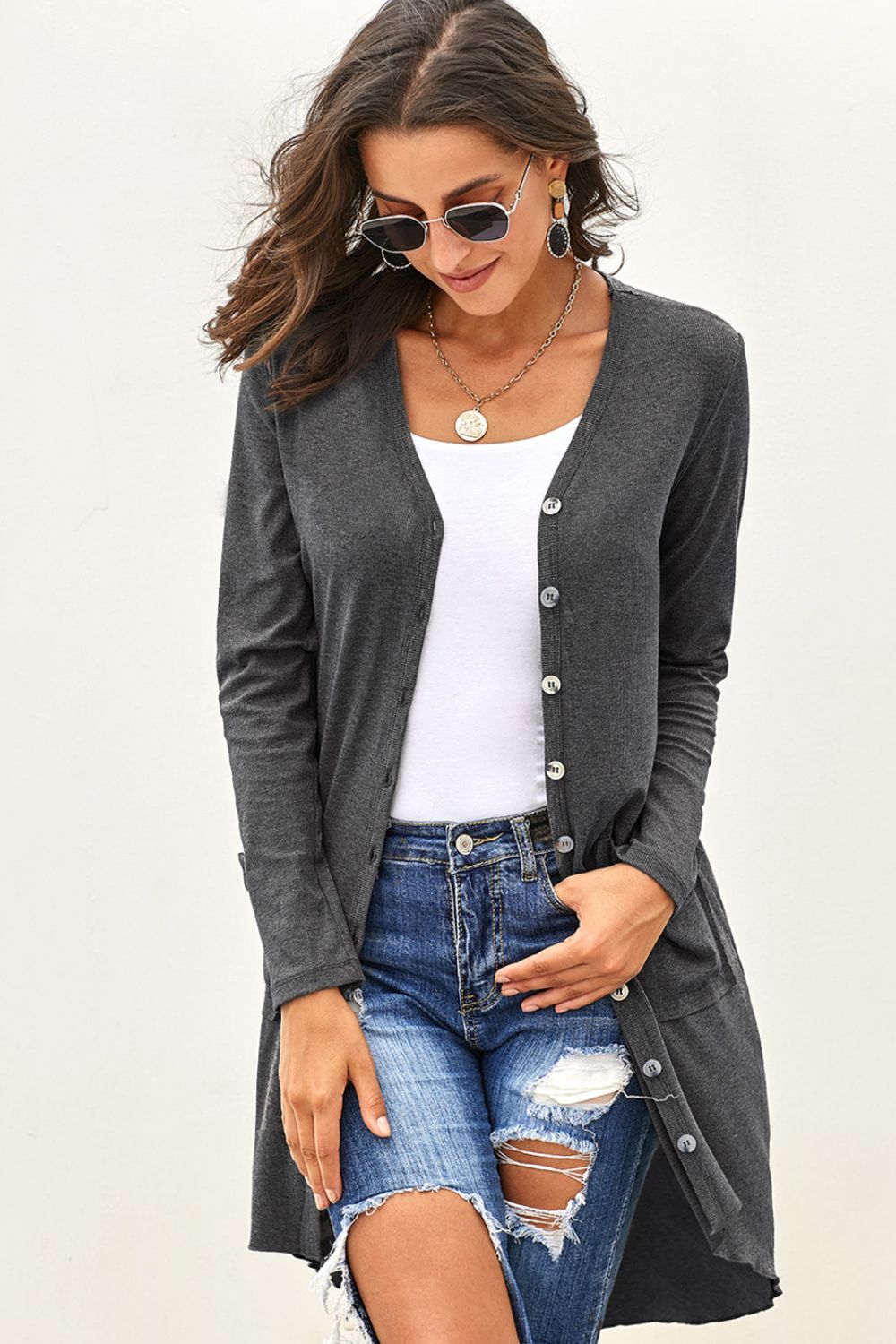 V-Neck Long Sleeve Cardigan with Pocket STYLE SOURCE