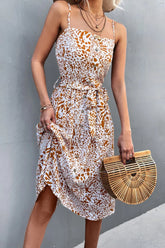 Printed Spaghetti Strap Decorative Button Belted Dress STYLE SOURCE