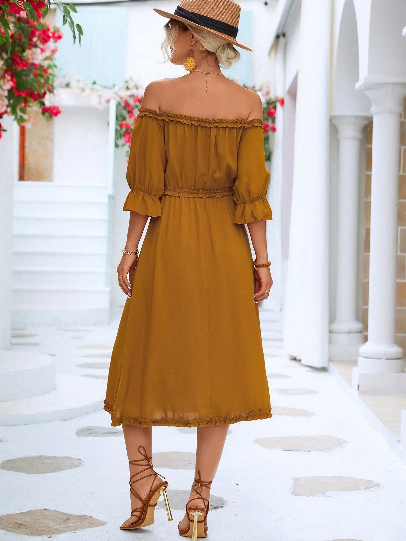 Frilled Off-Shoulder Flounce Sleeve Dress STYLE SOURCE