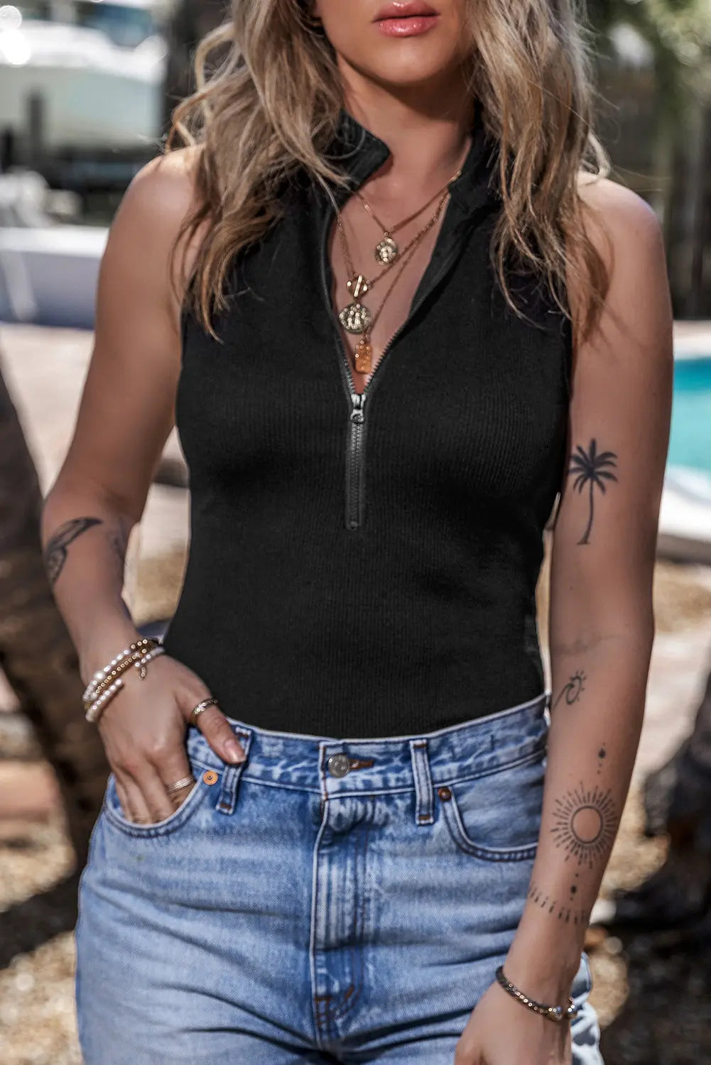 Zip Up Mock Neck Sleeveless Bodysuit STYLE SOURCE