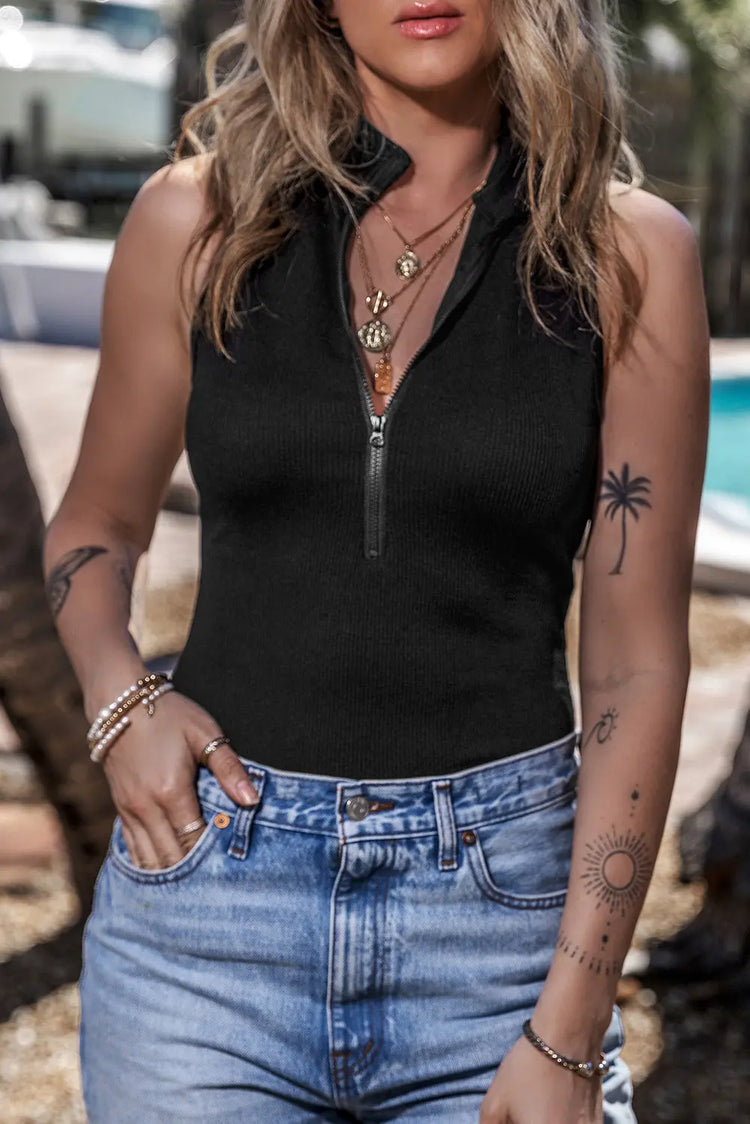 Zip Up Mock Neck Sleeveless Bodysuit STYLE SOURCE