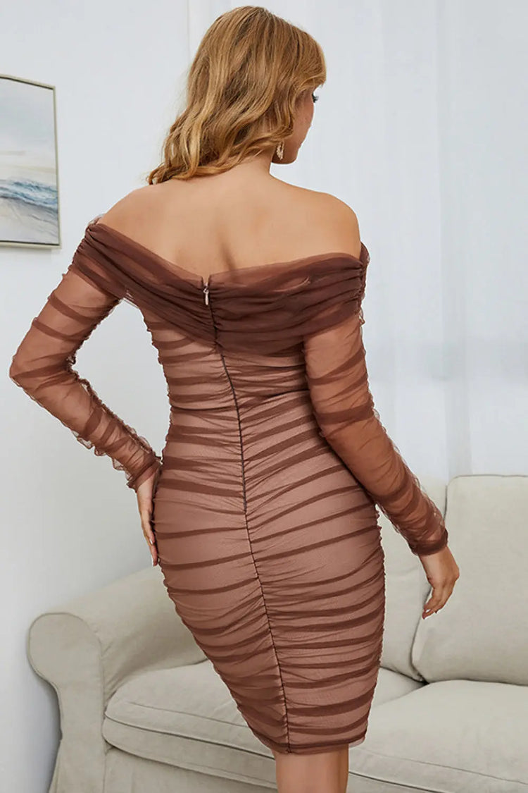 Off-Shoulder Ruched Long Sleeve Tulle Dress STYLE SOURCE
