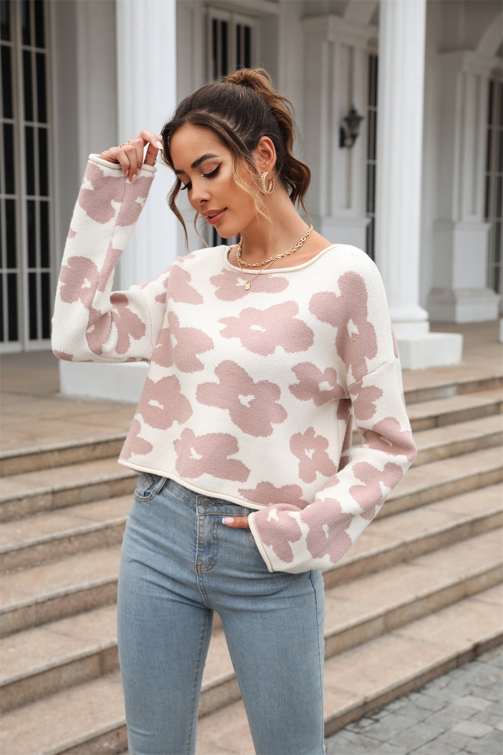 Round Neck Flower Pattern Dropped Shoulder Pullover Sweater STYLE SOURCE