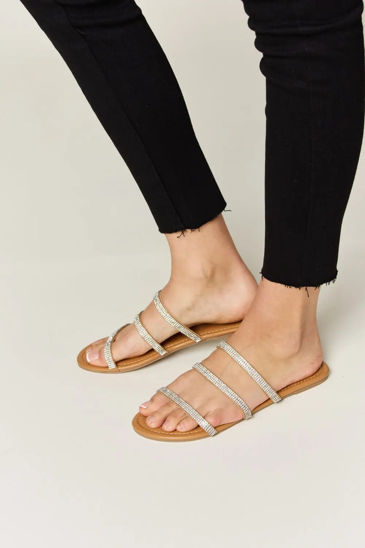 WILD DIVA Rhinestone Three-Strap Flat Sandals STYLE SOURCE