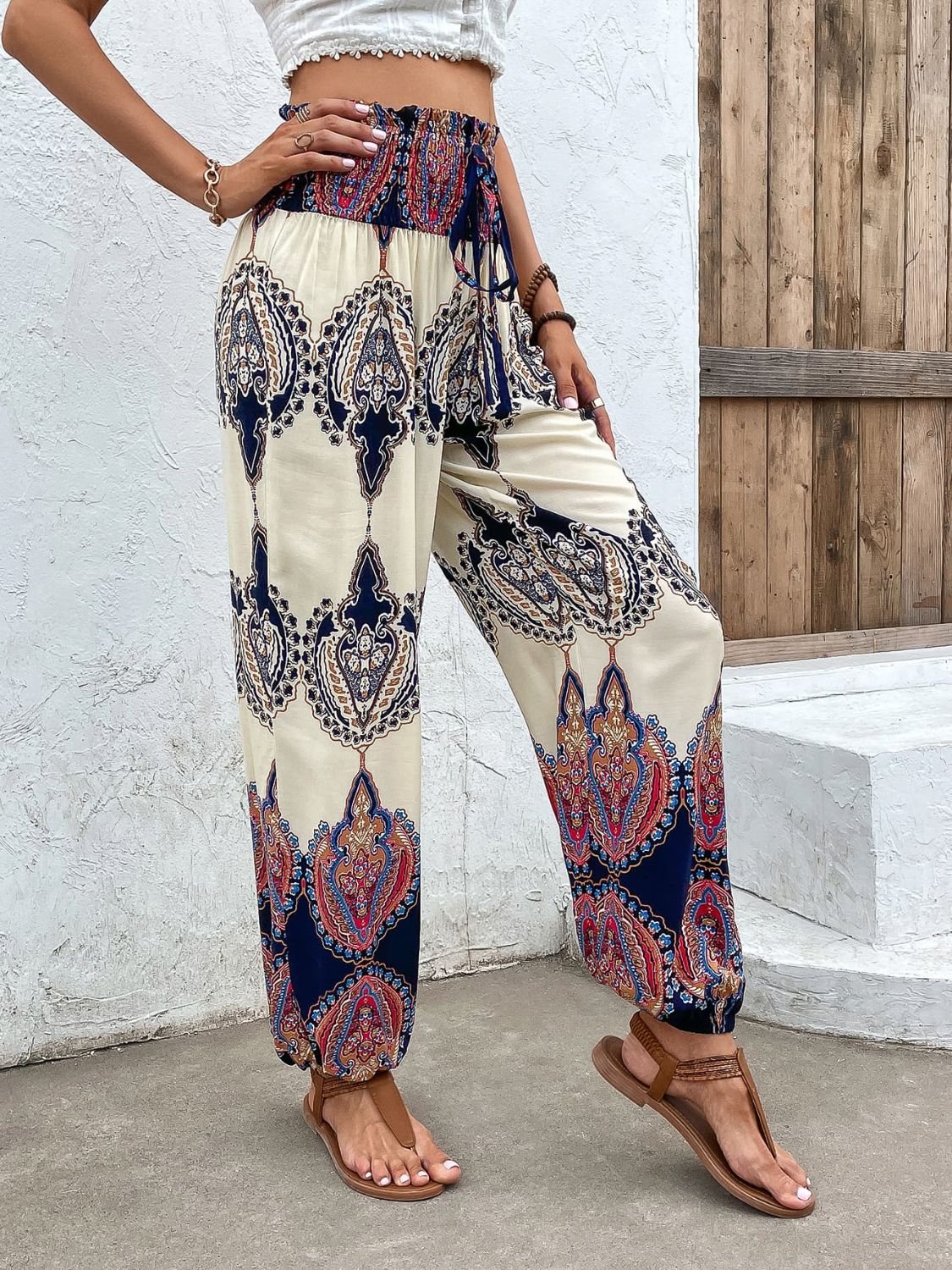 Printed Smocked High Waist Pants STYLE SOURCE