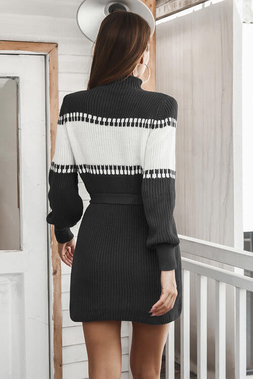 Contrast Tie Front Long Sleeve Sweater Dress STYLE SOURCE