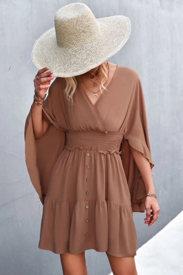 Decorative Button Smocked Waist Surplice Dress STYLE SOURCE