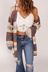 Full Size Striped Long Sleeve Openwork Cardigan STYLE SOURCE