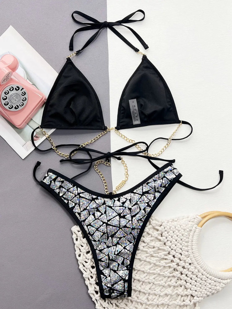 Sequin Halter Neck Two-Piece Bikini Set STYLE SOURCE