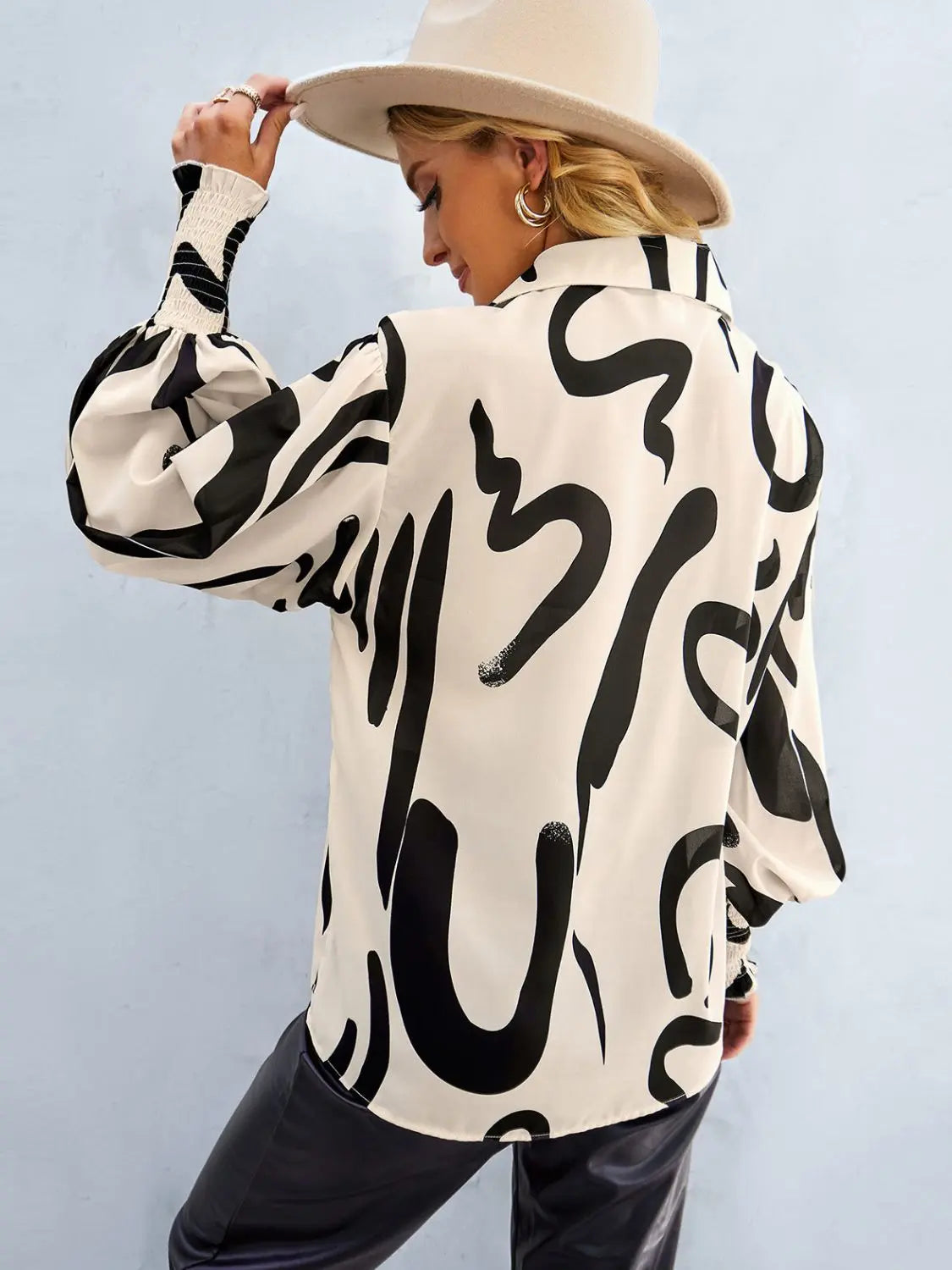 Printed Lantern Sleeve Button-Up Shirt STYLE SOURCE
