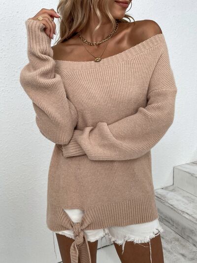 Ribbed Tied Off-Shoulder Sweater STYLE SOURCE