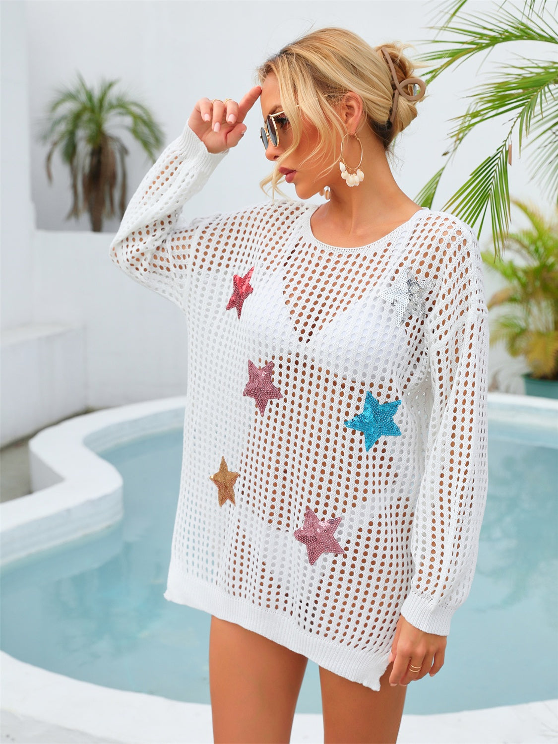 Sequin Star Round Neck Long Sleeve Cover Up STYLE SOURCE