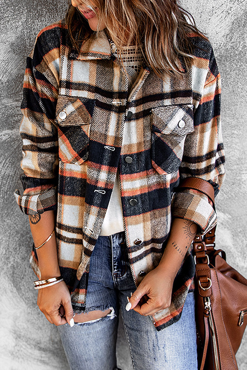 Plaid Button Front Shirt Jacket with Breast Pockets STYLE SOURCE