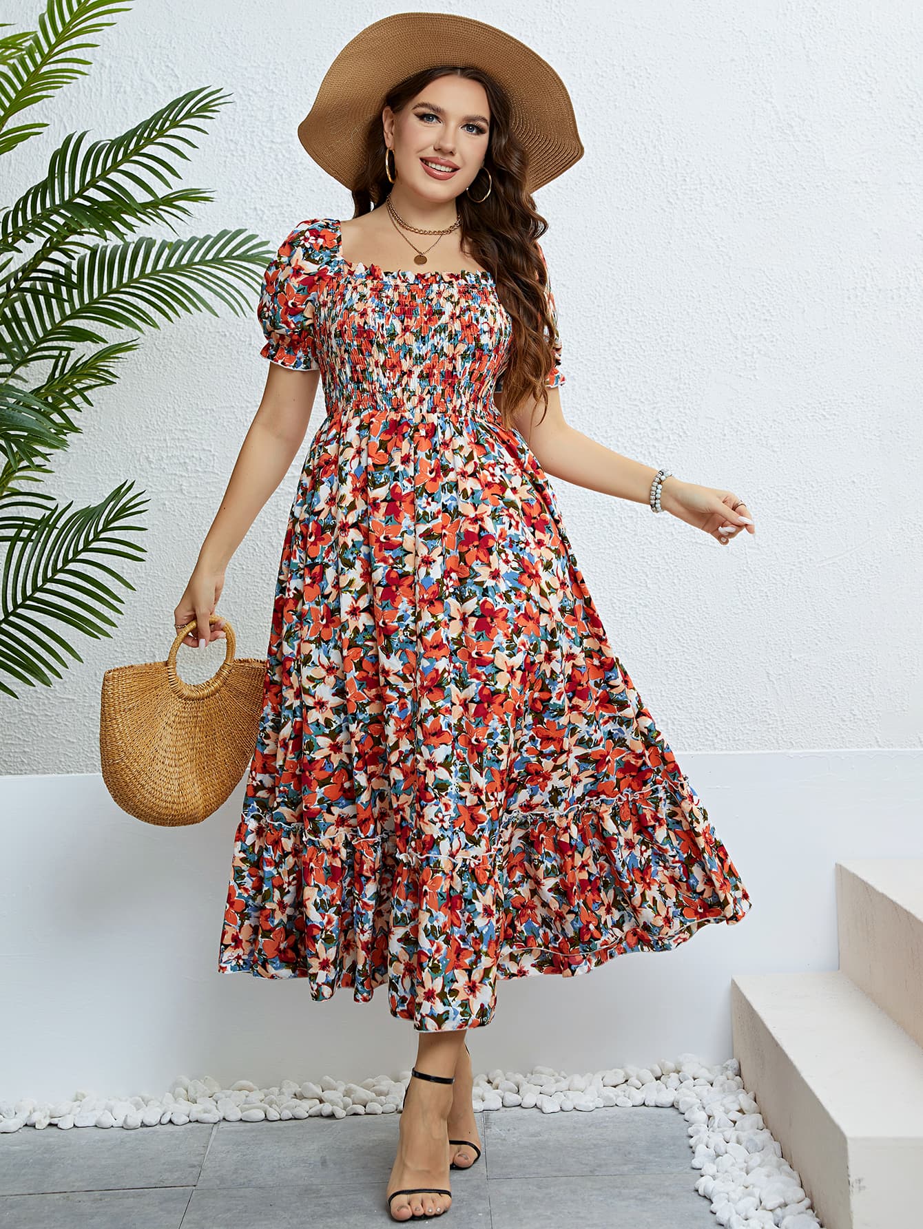 Plus Size Floral Smocked Square Neck Dress STYLE SOURCE